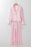 Light Pink Satin Knot Accent Shirt and Ruffled Pants Lounge Set-Loungewear & Sleepwear/Sleepwear-MomFashion