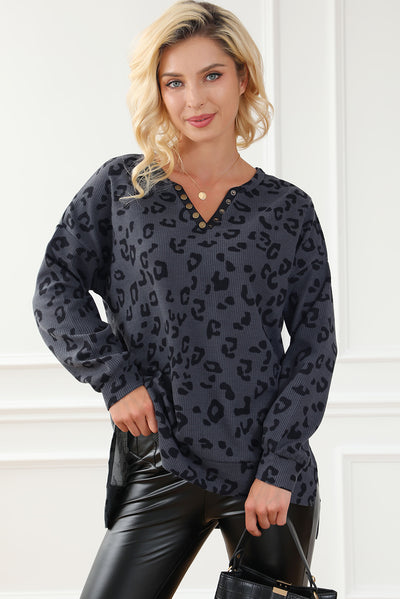 Gray Leopard Print Button Split Neck Waffle Sweatshirt-Tops-MomFashion