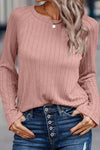 Pink Ribbed Round Neck Knit Long Sleeve Top-Tops-MomFashion