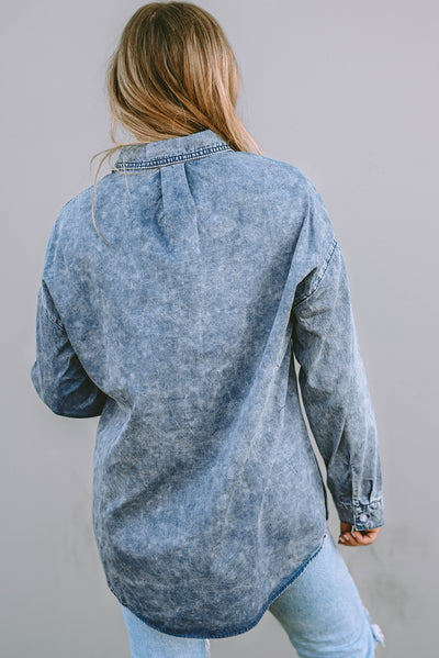 Sky Blue Vintage Washed Chest Pocket Denim Shirt-Tops-MomFashion