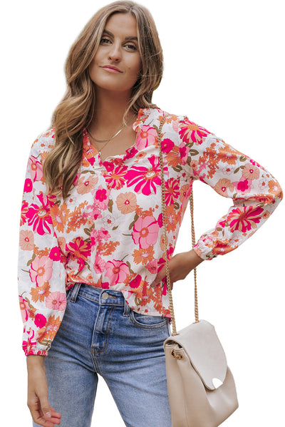 Bright White Floral Print Split V Neck Blouse-Tops-MomFashion