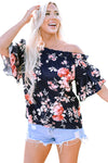 Blue Ruffle Off Shoulder Flounce Sleeve Floral Blouse-Tops-MomFashion