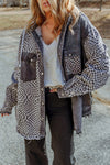 Gray Checked Patchwork Frayed Hem Hooded Denim Shacket-Outerwear-MomFashion