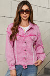 Pink Lace Patchwork Distressed Buttoned Denim Jacket-Outerwear/Denim jackets-MomFashion