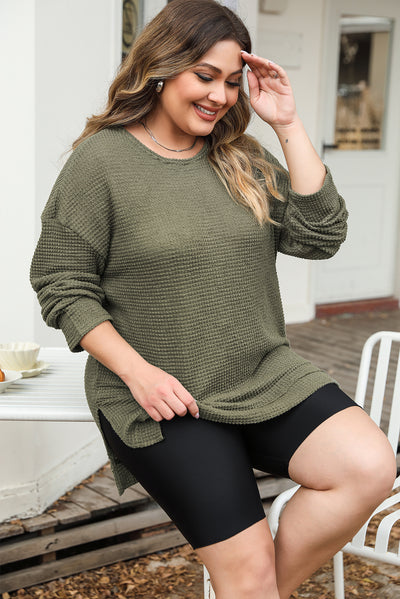 Moss Green Plus Size Textured Knit Long Sleeve Top-Plus Size-MomFashion