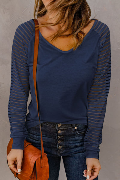 Blue Sheer Stripe V-Neck Top-Tops-MomFashion