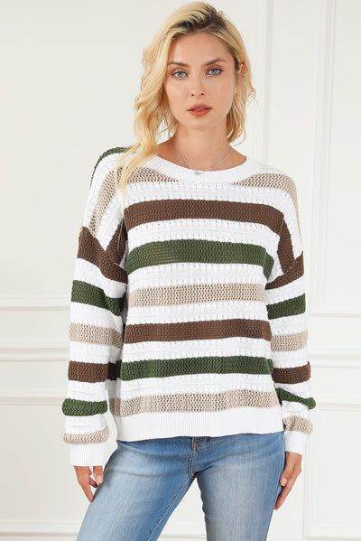 Stripe Crochet Hollow out Knit Sweater-Tops-MomFashion