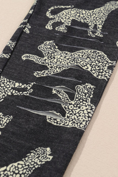 Black Printed High Rise Cheetah Print Ripped Leggings-Bottoms-MomFashion