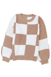 Checkered Ribbed Knit Puff Sleeve Sweater-Tops-MomFashion