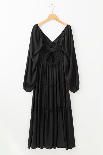 Black V Neck Bowknot Cutout Frill Tiered Maxi Dress-Dresses-MomFashion