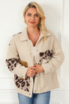 Beige Leopard Patchwork Snap Buttons Sherpa Jacket-Outerwear-MomFashion