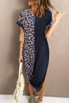 Black Contrast Solid Leopard Short Sleeve T-shirt Dress with Slits-Dresses-MomFashion