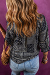 Navy Blue Vintage Boho Paisley Print 3/4 Sleeve Blouse-Tops-MomFashion