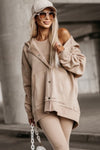 Beige Solid Color Pocketed Button Up Loose Hoodie-Tops-MomFashion