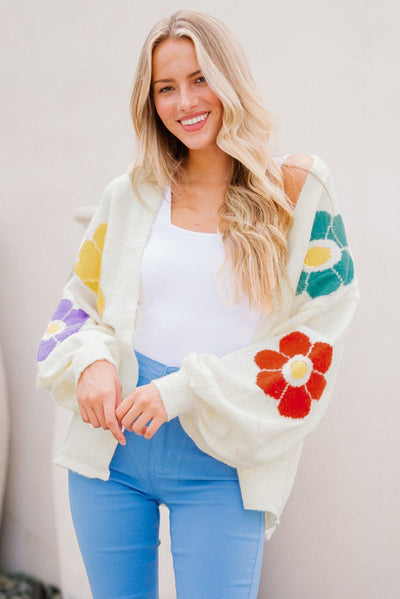 White Flower Jacquared Bubble Sleeve Open Cardigan-Tops-MomFashion