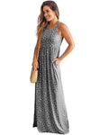 Gray Leopard Print Pocketed Sleeveless Maxi Dress-Dresses-MomFashion