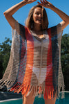 Multicolor Striped Tassel Crochet V Neck Beach Cover Up-Swimwear-MomFashion