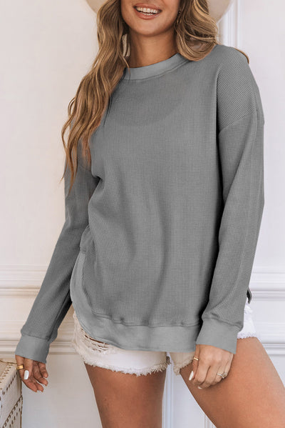 Gray Crew Neck Ribbed Trim Waffle Knit Top-Tops-MomFashion