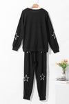 Black Stars Print Long Sleeve Drawstring High Waist Lounge Set-Loungewear-MomFashion