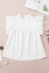 White Ruffle Accent Flutter Sleeve Notch Neck Top-Tops-MomFashion