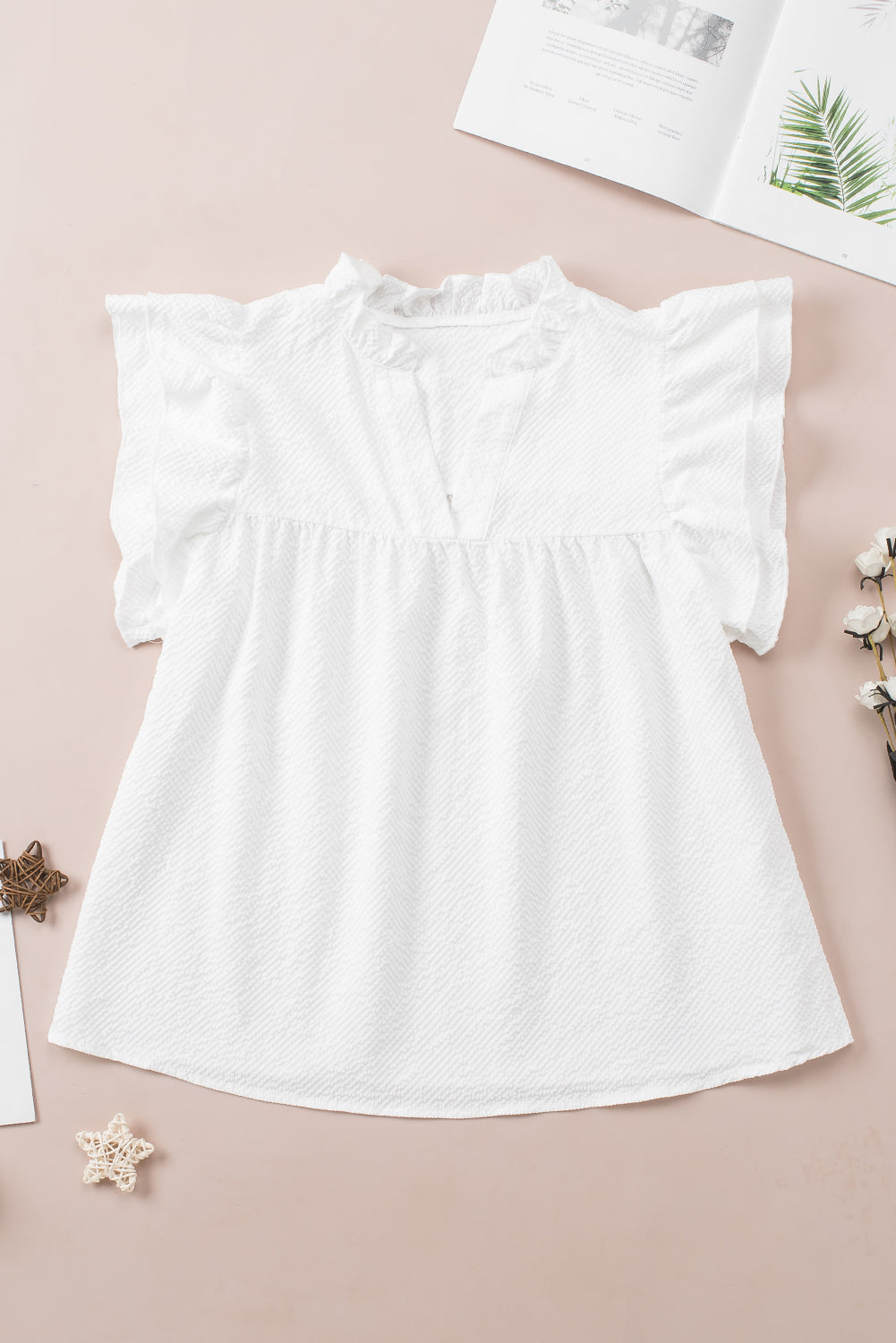 White Ruffle Accent Flutter Sleeve Notch Neck Top-Tops-MomFashion