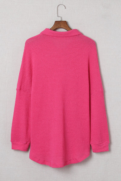 Pink Waffle Knit Button Up Casual Shirt-Tops-MomFashion