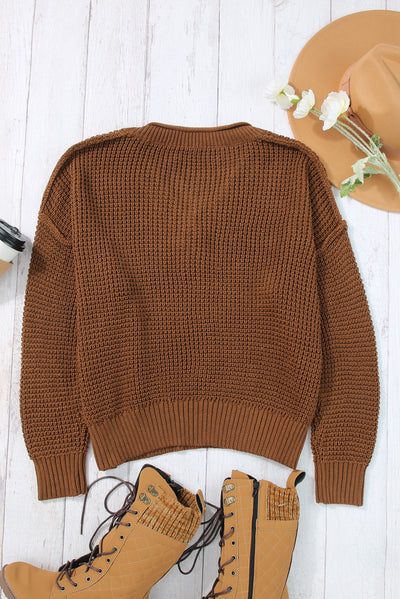 Coffee Pointelle Knit Button V Neck Drop Shoulder Sweater-Tops-MomFashion