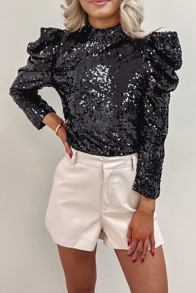 Black Sequin Mock Neck Bubble Sleeve Top-Tops-MomFashion