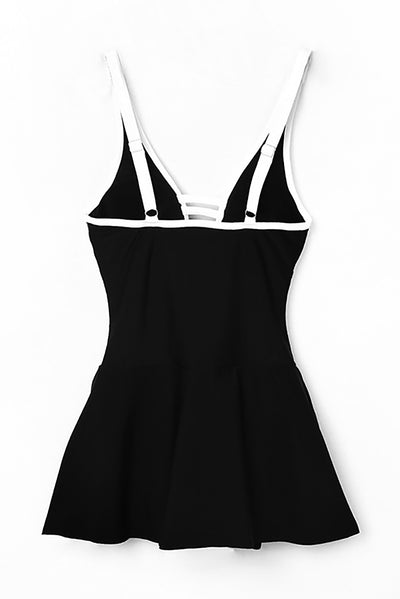 Black Strappy V Neck Side Split One-piece Swimdress-Swimwear-MomFashion