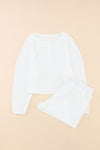 White Waffle Knit Buttoned Long Sleeve Crop and Shorts Lounge Set-Loungewear-MomFashion