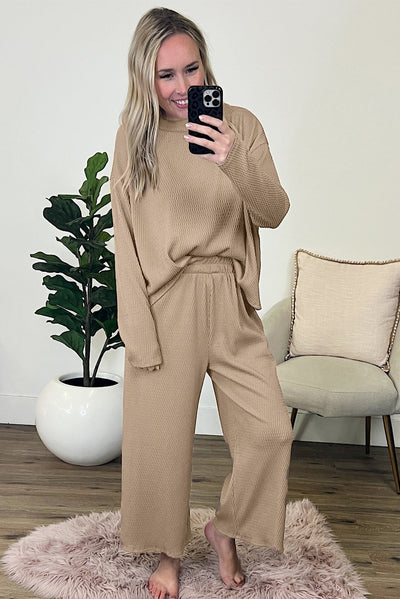 Smoke Gray Loose Textured Pullover and Pants Outfit-Loungewear-MomFashion