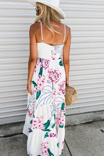 White Floral Twist Cutout Adjustable Straps Maxi Dress-Dresses-MomFashion