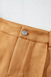 Brown Exposed Seam Flare Suede Pants with Pockets-Bottoms-MomFashion