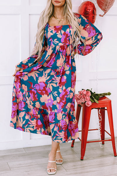 Multicolour Floral Print Square Neck Ruffled High Waist Dress-Dresses-MomFashion