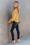 Yellow Split Neck Fall Printed Crinkled Blouse-Tops-MomFashion