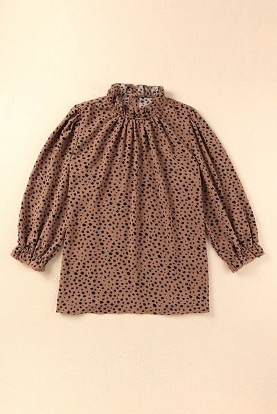 Brown Frilled Neck 3/4 Sleeves Cheetah Blouse-Tops-MomFashion