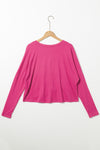 Rose Fiery Red Loose V Neck Dropped Long Sleeve Top-Tops-MomFashion