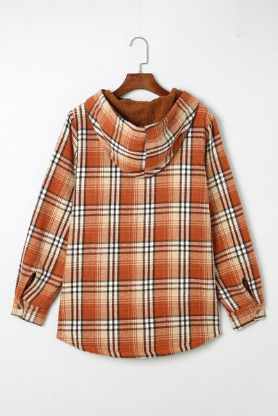 Orange Plaid Pattern Sherpa Lined Hooded Shacket-Outerwear-MomFashion