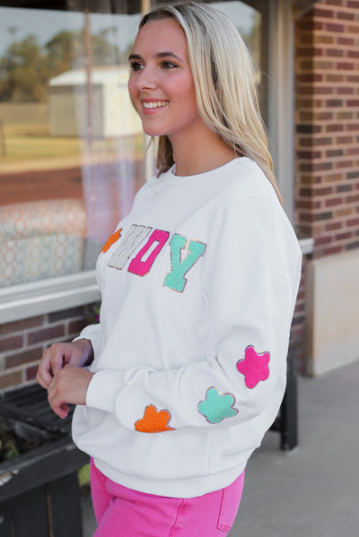 White Glitter Howdy Patch Graphic Casual Sweatshirt-Tops-MomFashion