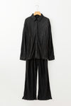 Black Pleated Long Sleeve Shirt and Wide-Leg Pants Set-Loungewear-MomFashion