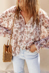 Boho Floral Print Split V Neck Bubble Sleeve Blouse-Tops-MomFashion