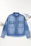 Sky Blue Flap Pockets Raw Hem Denim Shacket-Outerwear-MomFashion