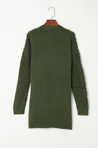 Green Open Front Woven Texture Knitted Cardigan with Pockets-Tops-MomFashion