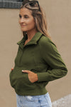 Green Zip Up Stand Collar Ribbed Thumbhole Sleeve Sweatshirt-Tops-MomFashion