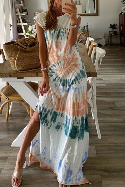 White Cap Sleeve Tie Dye Long Slit Dress-Dresses-MomFashion