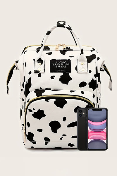 White Cow Spot Print Multi Pocket Canvas Backpack-Shoes & Bags-MomFashion