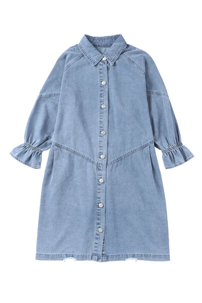 Sky Blue Buttoned Long Sleeve Denim Mini Dress-Dresses-MomFashion