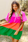 Multicolor Color Block Tiered Puff Sleeve Dress-Dresses-MomFashion