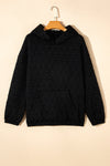 Black Solid Color Quilted Kangaroo Pocket Hoodie-Tops-MomFashion