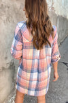 Pink Plaid Roll-tab Sleeve Side Slit Shirt Dress-Dresses-MomFashion